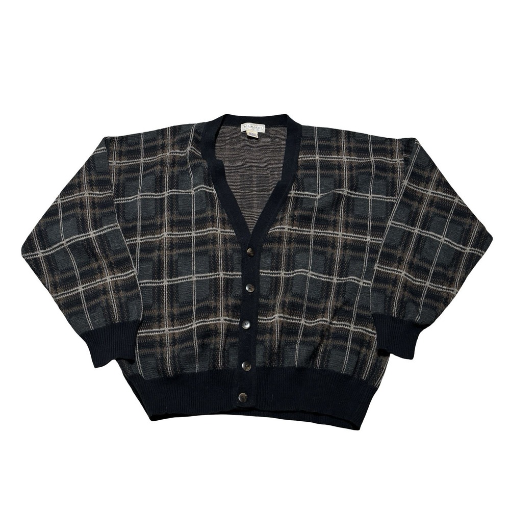 Vintage Murano Made in Italy Plaid Wool‎ Blend Cardigan Sweater Men's LG 25 x 27